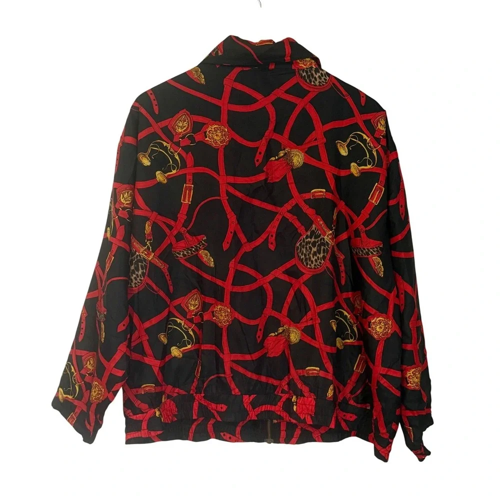 Vintage Silk Bomber Jacket Womens‎ XL Red Equestrian Baroque Leopard Print 90s